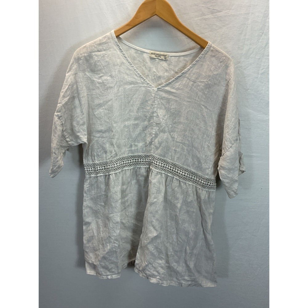 Terzo Millennio Womens Linen Blouse Beige Crocheted Lace Made In Italy Boho Sz L